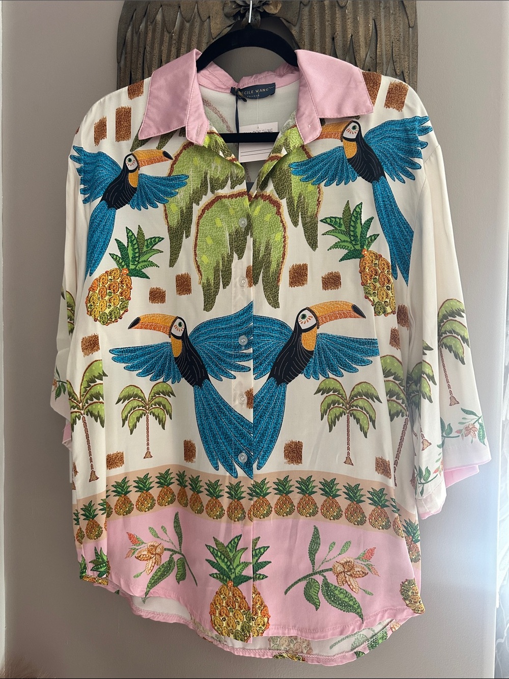 Made in Italy Cecile Wang Tropical Toucan Bird ButtonUp Collard Shirt Resortwear